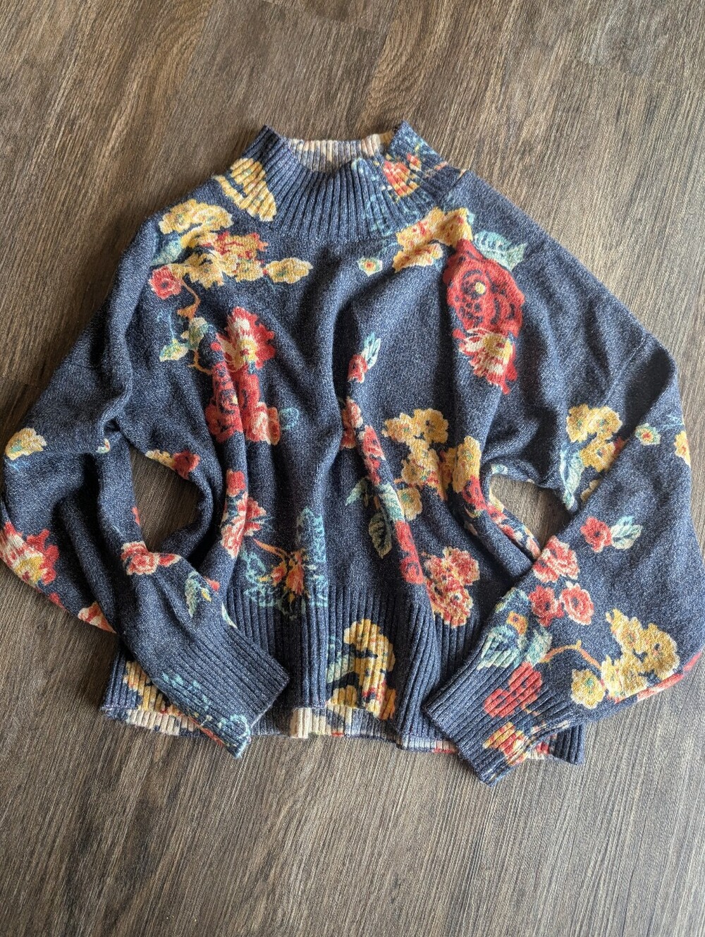 LC Lauren Conrad Charcoal Floral Mock Neck Sweater with Red & Yellow Flowers XL